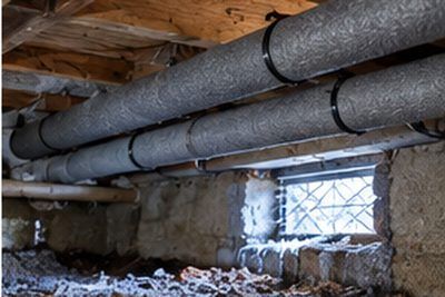 Insulated water pipe running along an unheated crawl space wall in a Newark, Delaware home
