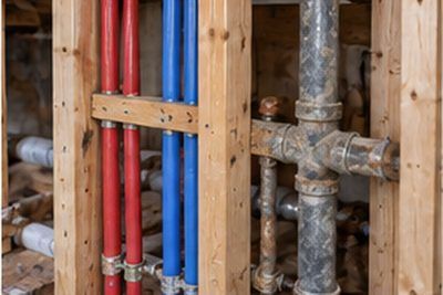 New PEX water supply lines installed alongside old galvanized steel pipe in a Newark, Delaware home