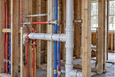 Plumbing rough-in with new supply lines visible in an open wall awaiting inspection in Newark, Delaware