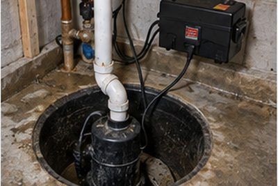Sump pump with battery backup installed in a basement pit in Newark, Delaware
