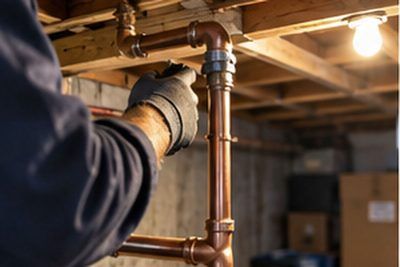 Plumber repairing a copper water supply line in a Newark, Delaware basement