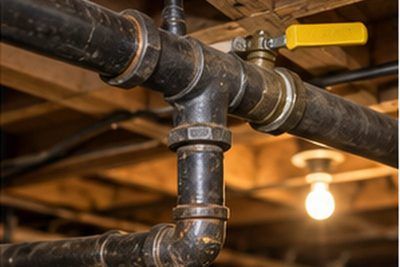 Black iron gas piping with a shutoff valve running along a basement ceiling in a Newark, Delaware home