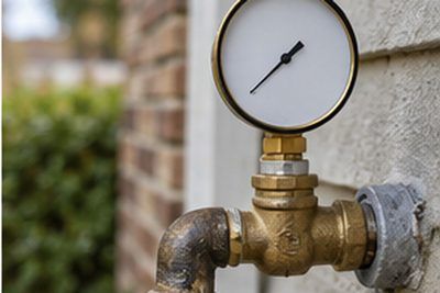 Pressure gauge attached to an outdoor hose bibb measuring household water pressure at a Newark, Delaware home