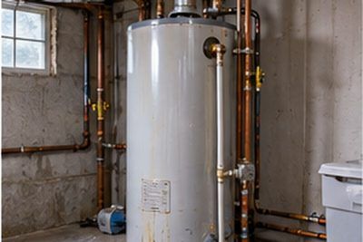 Technician testing a gas water heater in a Newark, Delaware basement
