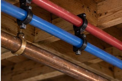 Red and blue PEX supply lines running alongside older copper pipe in a basement ceiling