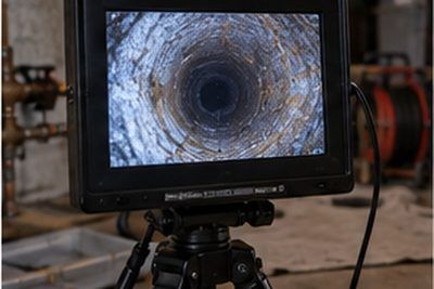 Sewer camera monitor showing the inside of a clay lateral during a pre-purchase inspection in Newark, Delaware