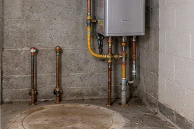 Wall-mounted tankless water heater beside the space where a conventional tank stood in a basement
