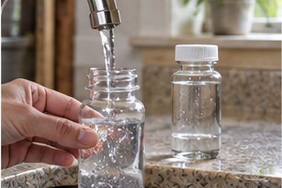 Water sample bottle being filled from a kitchen tap for private well testing in New Castle County, Delaware