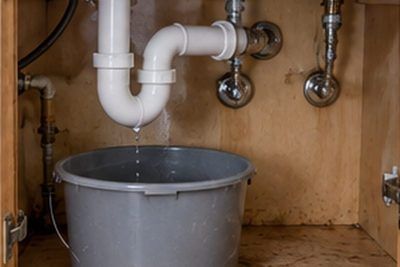 Under-sink plumbing in a rental kitchen with a bucket placed beneath a slow leak